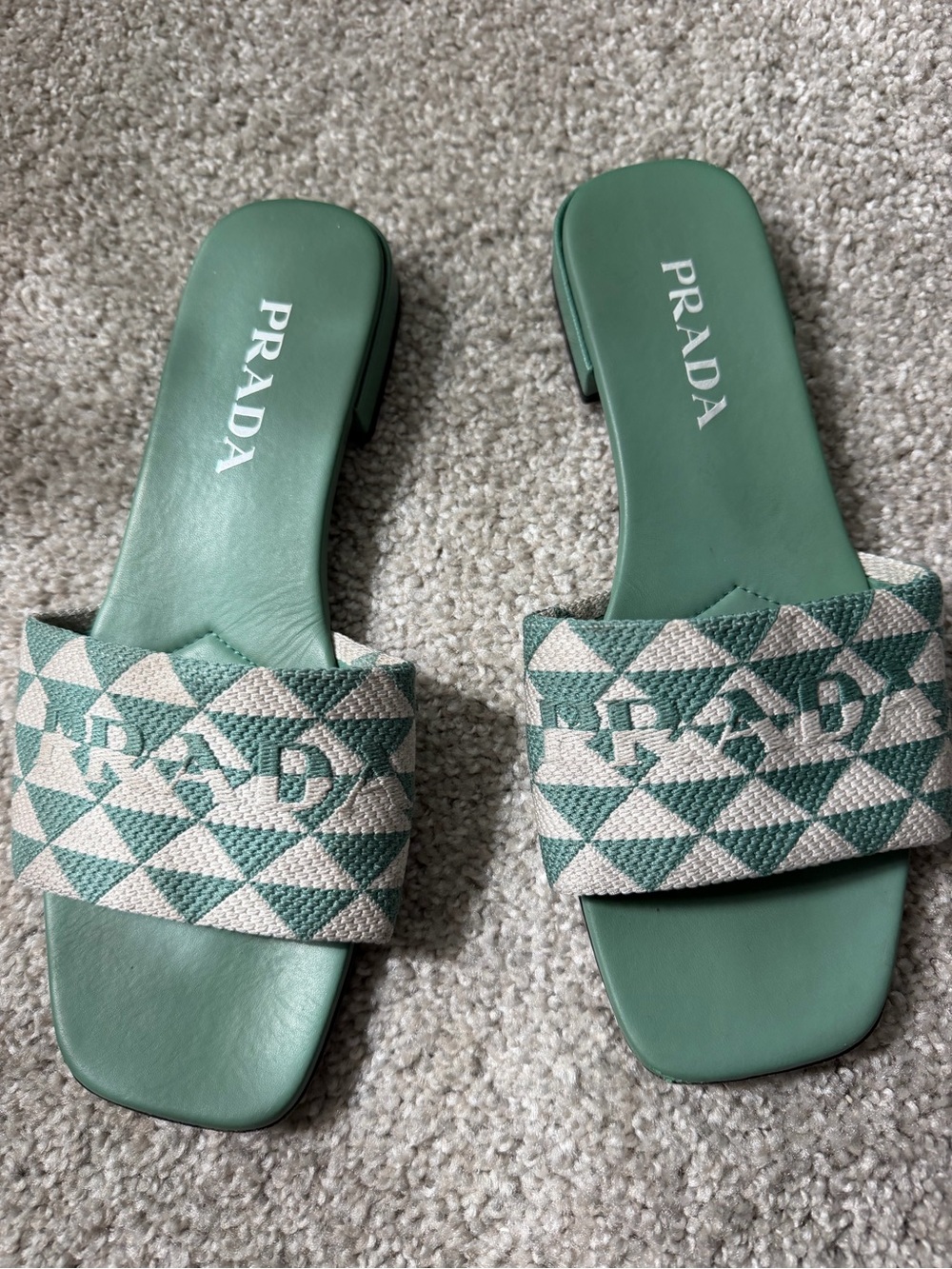 Prada Green Leather Slide Sandals with Patterned Jacquard Strap - Picture 2 of 4